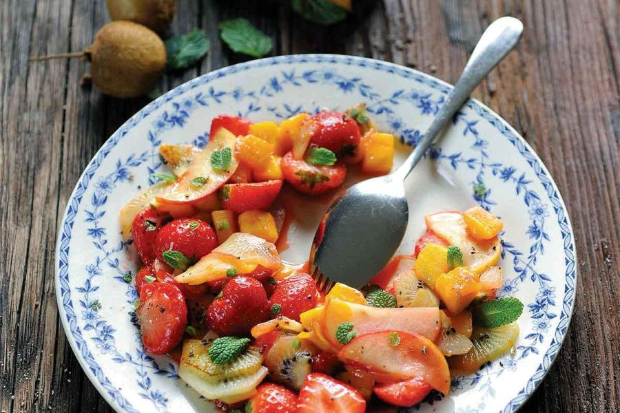 Compotée de fruits minutes à l'huile d'olive et à la menthe